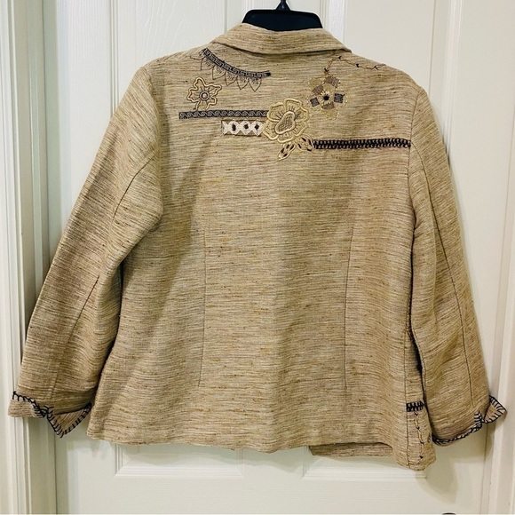 Coldwater Creek Size PM Linen Embroidered Floral Tan Button Up Lined Jacket - Picture 2 of 9